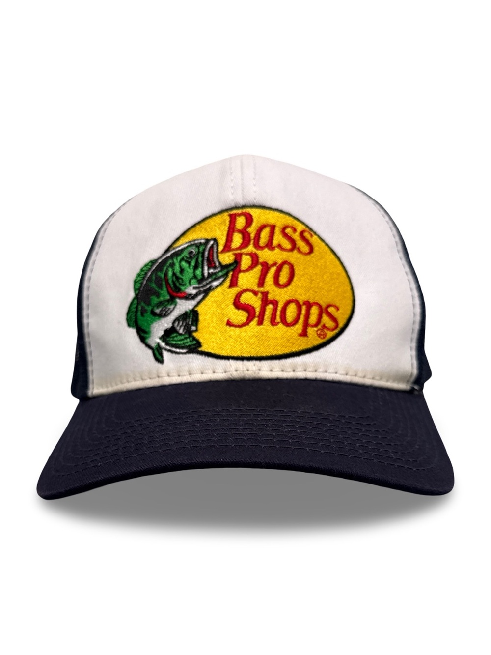 Bass Pro Shops White and Navy Logo Cap Trucker Hat OSFM